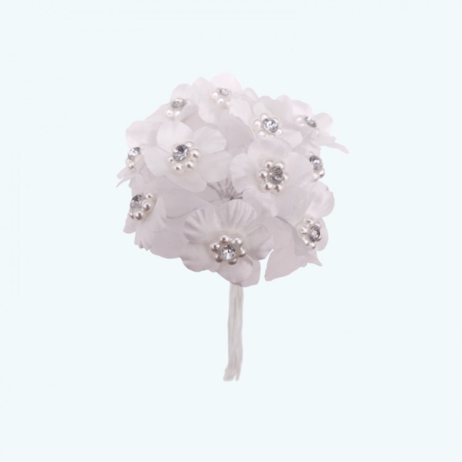 2" Diameter Satin Flower with Crystal 12X12 | White